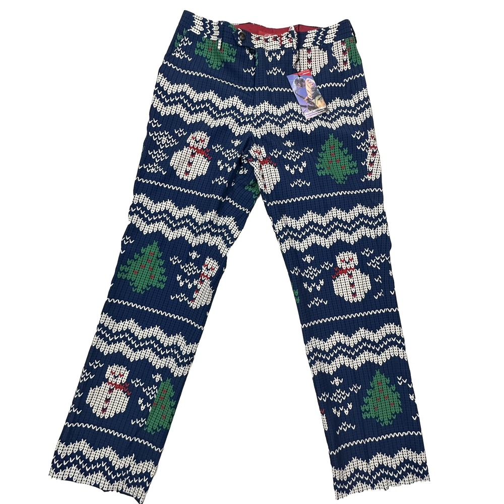 NWT Shinesty Christmas Tree Snowman Golf Pants Men 32x32 Polyester Blue‎ White